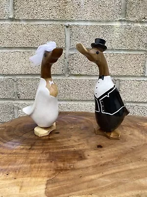 ChiselCraft Hand Carved Wooden Bamboo Root Ducks Bride And Groom Wedding Duck S • £21.99