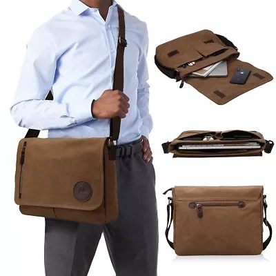 Men's Briefcase Vintage Brown Laptop Bag Canvas Messenger School Satchel Work • $43.99