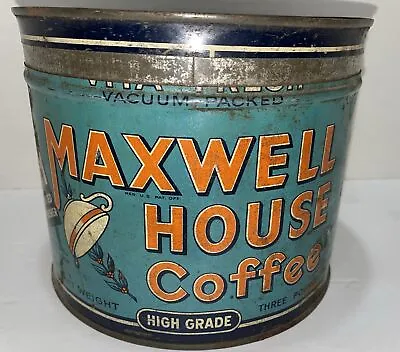 Vintage 3 Lb Maxwell House Coffee Tin With Key Wind Lid & Orange Letters Rare • $69.99