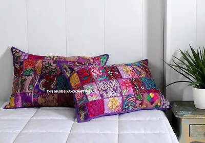 Indian Handmade Throw Cushion Boho Vintage Patchwork Purple Pillow Cover 40x60cm • £21.59
