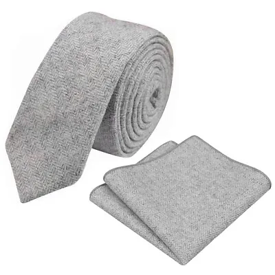 £22 • Buy New Light Grey Herringbone Skinny Tweed Wool Tie & Pocket Square Set. UK.