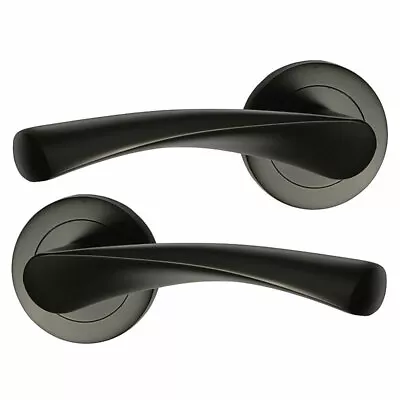 Matt Black Door Handle Set Twirl Lever On Rose Internal (Pair) • £9.49