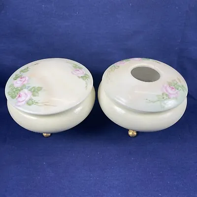 VTG MZ AUSTRIA Porcelain Dresser Set Hair Receiver Powder Jar Roses Look Inside! • $17.99