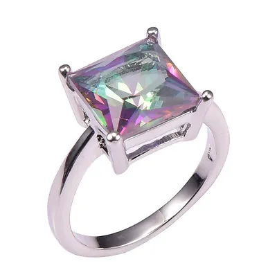 Sale Princess Cut Big Stone Mystic Topaz Ring White Gold Plated Size 6 ONLY • $15.99