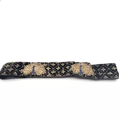 Black Velvet Snap Belt Gold Metallic Hand Embroidery Beaded BOHO Vintage • $29.95