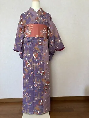 Japanese Polyester Kimono With Silk Nagoya Obi Free Shipping From Japan • $60