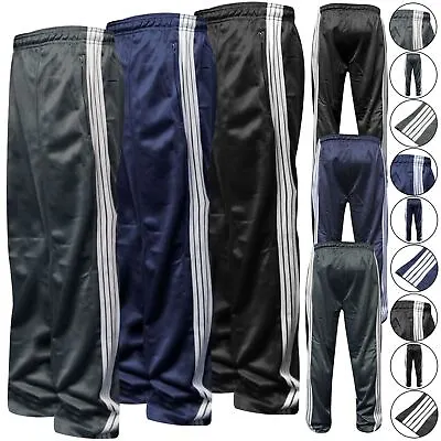 Mens Silky Jogging Bottoms Striped Joggers Gym Sports Tracksuit Pants Trousers • £10.99