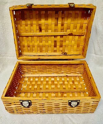 Vintage Woven Picnic Basket Suitcase BOHO Style Home Decor 17”x12”x8” W/leather • $28.95