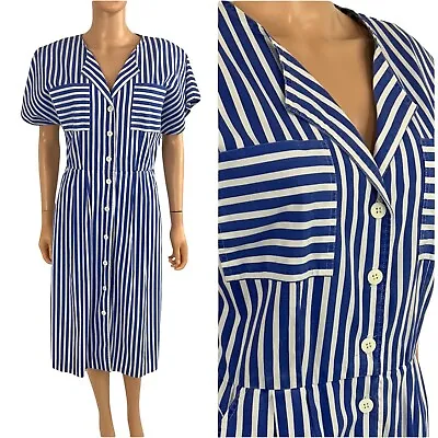 Vintage 90s Blue & White Striped Shirt Dress Button Front Day Dress Pockets S • $26.25