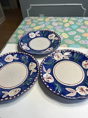 (3) VIETRI Italy SHALLOW BOWLS/PLATES Fish CAMPAGNA PESCE Terracotta SOLIMENE • $29.99