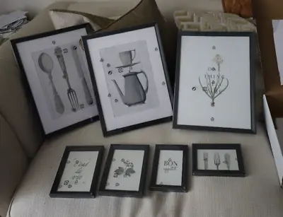 8x Ikea Knoppang 7 Pictures In Black Frames 505.181.56 & 1 New Frame No Picture • £35.99