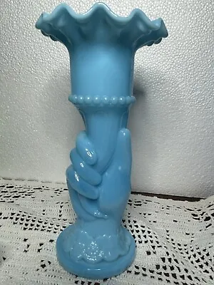 Robin Egg Blue Milk Glass Hand Vase 9” Fenton? Vallerysthal? • $55