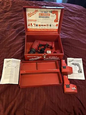 Vintage Milwaukee 12V HI TORQUE DRIVER DRILL Metal Tool Box Charger & 2 Batt • $45.95