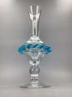 Vintage Empoli Italian Art Glass Vase Clear With Blue Frill Band • $77