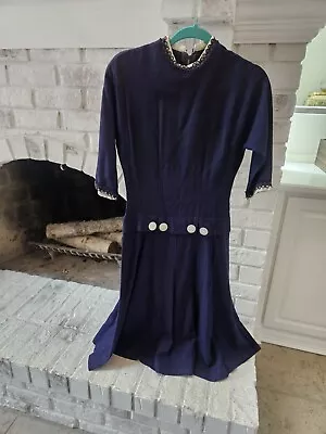 Vintage  Navy Rayon Drop Waist Art Deco Dress • $26.99