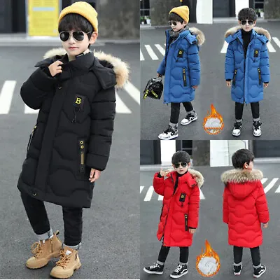 £20.99 • Buy Boys Padded Coat Long Parka Hooded Warm Student Kids Jacket Winter Outercoat