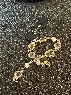 Vintage Monet Crystal Faux Pearl Gold Tone Bracelet With Original Tag • $13.99