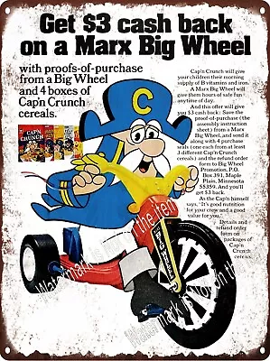 1974 Cap'n Crunch Cereal Marx Big Wheel Metal Sign 9x12  60828 • $24.95