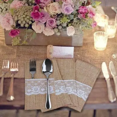 £5.49 • Buy 10x Hessian Burlap Cutlery Holder Lace Rustic Wedding Party Table Decorations