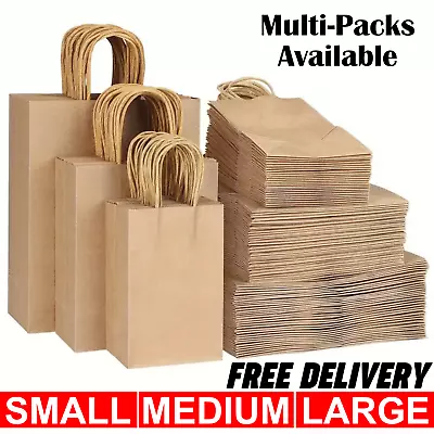 Brown Paper Bags With Handles Kraft Party Food Carrier Takeaway Grocery Gift • £5.59
