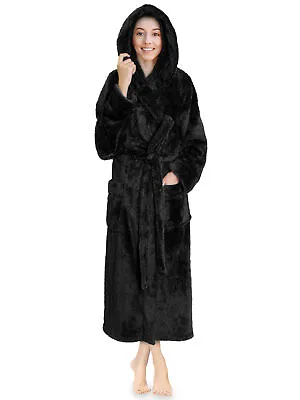 $32.99 • Buy Womens Hooded Bathrobe Ladies Fluffy Sherpa Spa Long Robe Shawl Collar Soft Warm