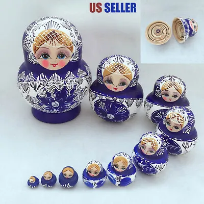 10pcs Blue Dolls Set Wooden Russian Nesting Babushka Matryoshka Hand Painted • $19.49