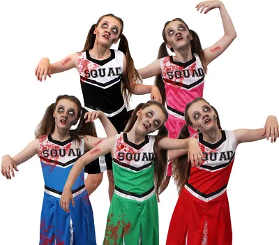 Girls Zombie Cheerleader Costume Kids Halloween Fancy Dress Dead Cheer Squad • £13.99