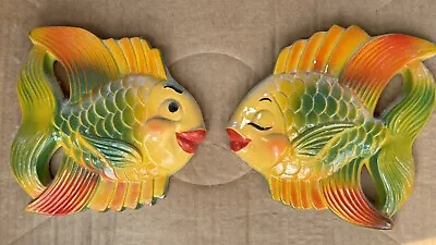 Vintage Chalkware Bright Colorful Fish Wall Hanging Set Of 2 • $41.65