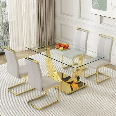 63  Dining Set Of 5 PCs 1 Tempered Glass Dining Table W Gold Base+4 Chairs • $499