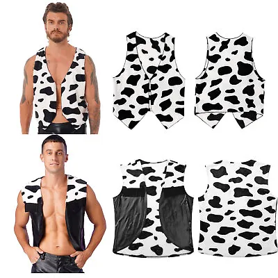 Mens Cow Print Vest Open Front Waistcoat Halloween Cowboy Cosplay Top Short Coat • £14.15