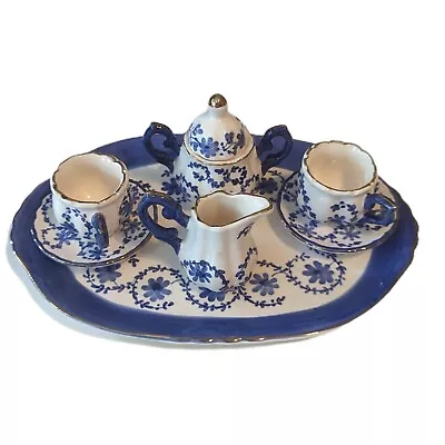 Miniature Tea Set Blue And White With Tray  Two Cups And Saucers Sugar Bowl  • $18