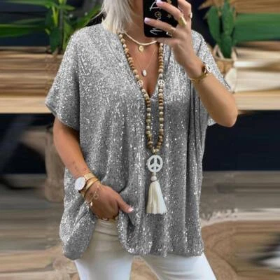 £15.09 • Buy Women Sequin Glitter V Neck Tunic Tops Ladies Evening Party Shiny Blouse T-Shirt