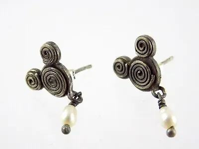 Disney Sterling Silver Spiral Mickey Mouse Design With Pearl Earrings 925 3.3g • $25.60