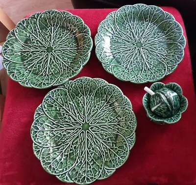 Vintage John Buck Majolica Cabbage Leaf 3 Dinner Plates & 1 Preserve Pot  • £68
