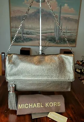 Michael Kors Tonne Foldover Clutch Tassel Chain Shoulder Bag Silver Leather MINT • $160