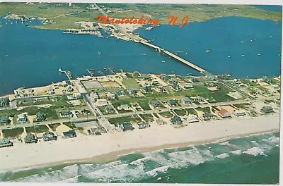 AERIAL VIEW  MANTOLOKING NJ  VIEW FROM BEACH TO BAY WITH BRIDGE C.1960 • $10