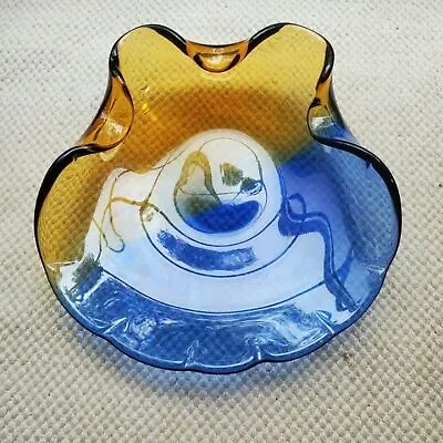 Art Glass Murano Amber Blue Scallop Shell Ashtray Bowl Dish Mid Cenutry Modern • $35