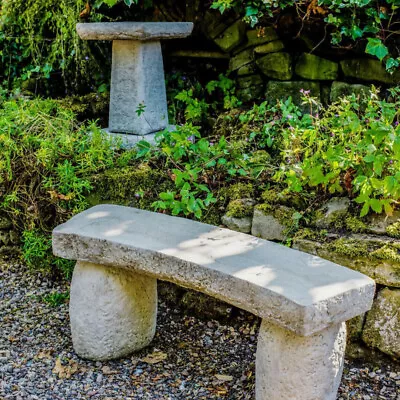 Solid Stone Carved Bench Plus York Stone Bird Bath Value 2pc Set UK Handmade • £256.99