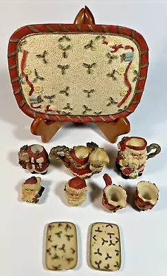 Vintage Christmas Holly Leaf & Santa 10 Piece Miniature Tea Set Holiday Lot READ • $15