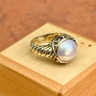 Vintage 14KT Yellow Gold Bezel Etruscan Round Mabe Pearl Ring Size 6.25 • $799.99