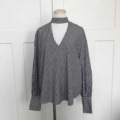 Zara Womens Shirt Size Medium Gingham Check Plaid Puff Sleeve Choker Collar  • $18.44
