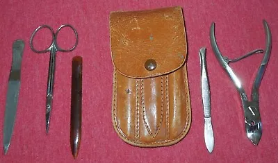 Antique Men's Travel 5-Piece Manicure Kit In Leather Pouch Made In Germany • $19.99