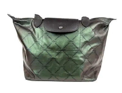Longchamp Made In France Metallic Petrol Green Tote Handbag Leather Handle 16'' • $99.99