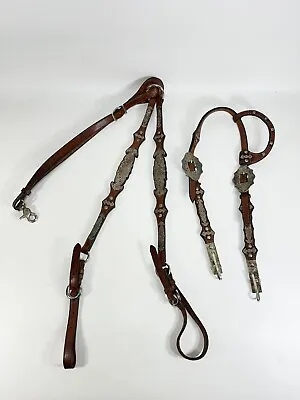 Vintage Signed Mexico Sterling Overlaid & Leather Headstall W/ Breast Collar Set • $899.89