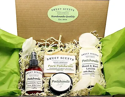 Patchouli Spa Gift Set - Soap Lotion Sugar Scrub Spray - Sweet Scents Soap • $38.69