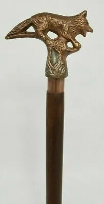 Walking Stick Wooden Cane Style Vintage Fox Head Copper Antique Metal Handle  • $30.65