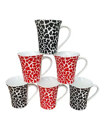 6 Coffee Mug Set Red BLack Print Oxford Tea Coffee • £24.99