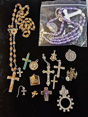 Vtg Lot Broken Rosary CROSSES Medals CRUCIFIXES Pendants Relic Italy Repair • $25.99
