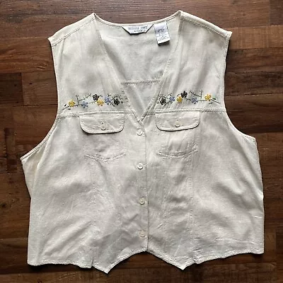 Vtg Victoria Jones Size 4X Floral Embroidered Linen Vest Beige Buttons Pockets • $29.50
