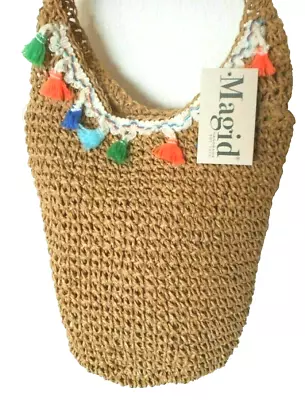 NEW MAGID Tassel Multi Color Woven Straw Small Cross Body Sak Handbag Purse • $29.95